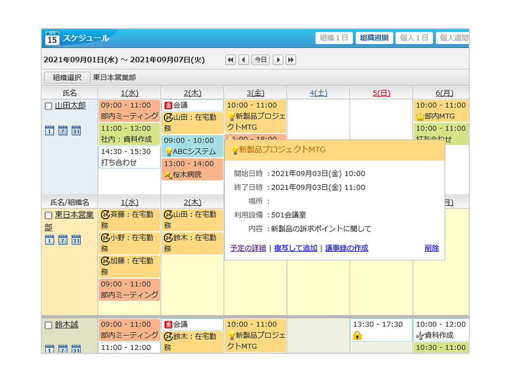 メンバーの予定がひと目でわかる