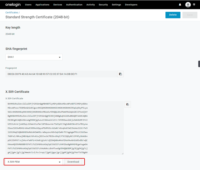 OneLoginX.509証明書ダウンロード