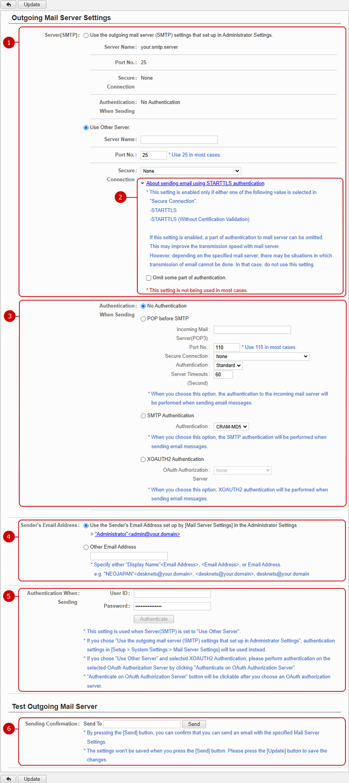 Outgoing Mail Server Settings Screen