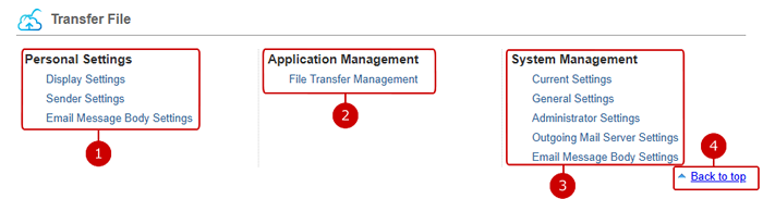 Settings menu links of Transfer File