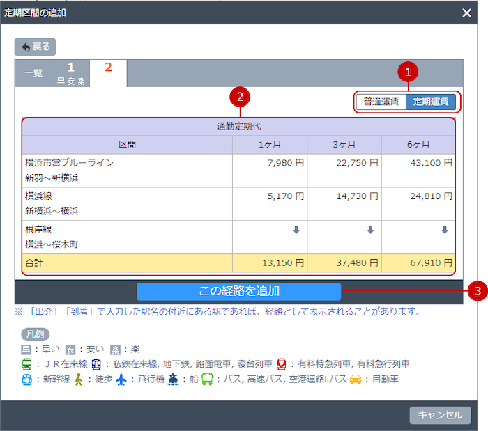 経路の詳細情報画面（定期運賃）