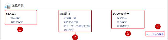 仮払精算の設定メニューリンク集