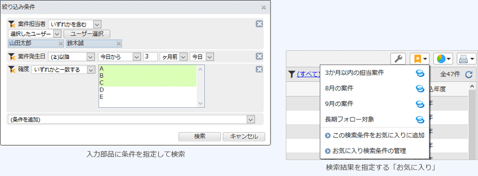 入力部品に条件を指定して検索 検索結果を保存するお気に入り検索条件