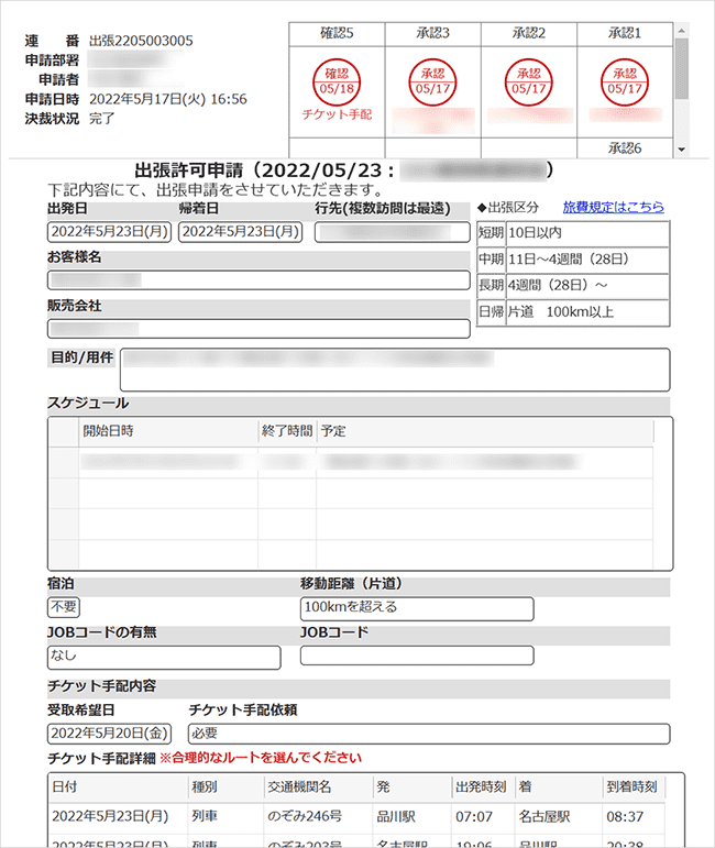 利用中の出張許可申請画面