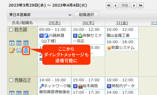 組織1日/週間表示からダイレクトメッセージを送れるようになりました。
