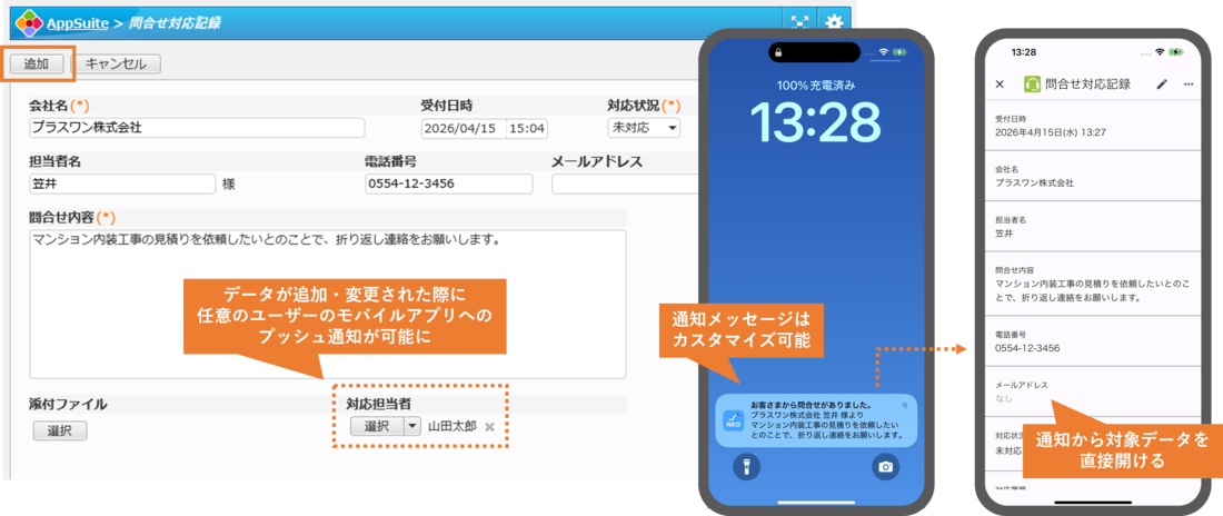 AppSuiteのプッシュ通知機能のイメージ。データ変更をトリガーにモバイルアプリへ通知され、通知から直接データを開ける様子。