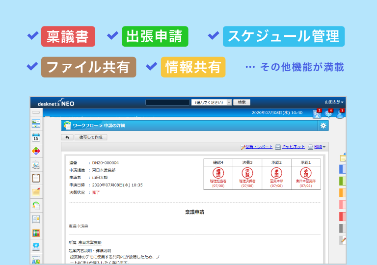 稟議書、出張申請、スケジュール管理、ファイル共有、情報共有 その他機能が満載