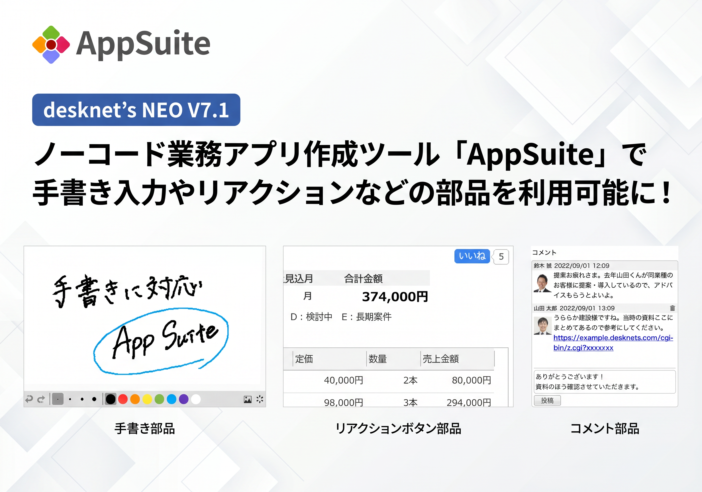 【desknet’s NEO V7.1】ノーコード業務アプリ作成ツール「AppSuite」で 手書き入力やリアクションなどの部品を利用可能に！