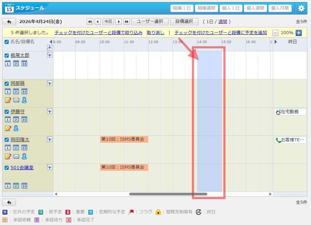 desknet's NEOのスケジュール画面で、予定を追加したい時間帯をマウスでドラッグして選択している様子。14:00から15:30までの時間枠が青くハイライトされ、赤い枠と矢印でその範囲選択の操作が強調されている。