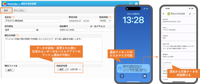 PCで登録した問合せ情報が担当者のスマホへプッシュ通知され、そのままモバイルで詳細を確認できる連携イメージ