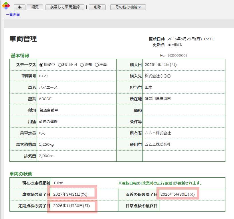 AppSuiteの車両管理画面。「基本情報」にステータス(稼働中)、車両番号(B123)、車名(ハイエース)、型番(ABCDE)、種別(普通自動車)、用途(荷物の運搬)、乗車定員(6人)、最大積載量(1,250kg)、排気量(2,000cc)、購入日(2026年6月1日)、購入先(株式会社〇〇〇)、担当者(山本)、所在地(神奈川県横浜市)、価格、条件等、所有者(△△△株式会社)、使用者(△△△株式会社)が表示されています。また、「車両の状態」には、現在の走行距離(10km)、車検証の満了日(2027年3月31日)、定期点検の満了日(2026年11月30日)、直近の保険満了日(2026年6月30日)、日常点検の最終日が表示されています。
