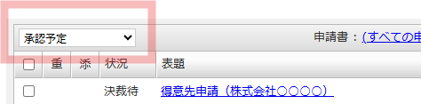 desknet's NEOのワークフロー画面の一部。左上にある一覧の切り替えプルダウンメニューで「承認予定」が選択されており、ピンク色の枠で強調されている。また、一覧には状況が「決裁待」となっている「得意先申請（株式会社〇〇〇〇）」が表示されている。