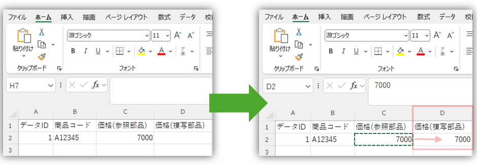 エクスポートされたExcelデータの比較図。左側の画面では、データID、商品コード、価格(参照部品)までが出力されています。中央の緑色の矢印を挟んで右側の画面では、D列に「価格(複写部品)」が追加され、C2セルの「7000」からD2セルへ値が設定されている様子が赤枠とピンクの矢印で強調されています。