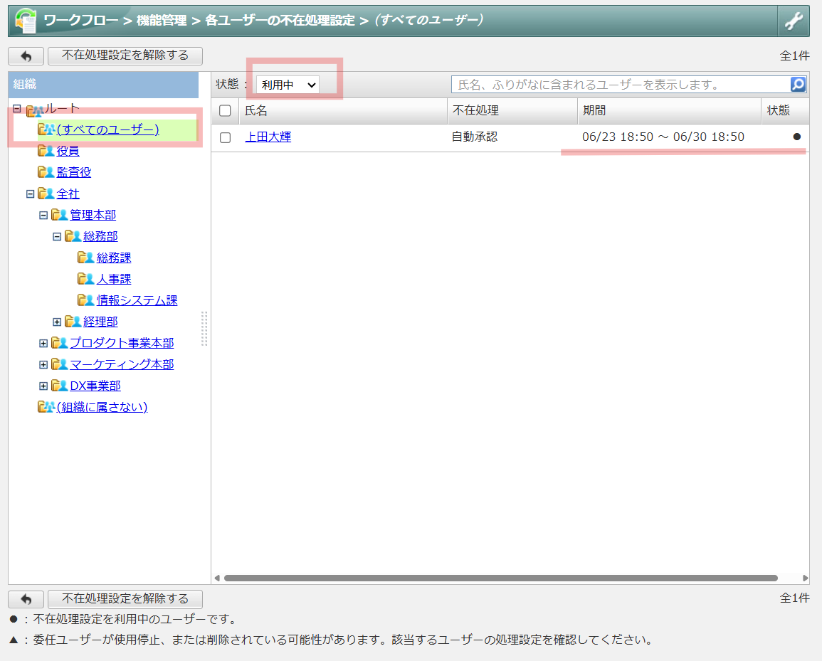 desknet's NEOの「各ユーザーの不在処理設定」画面。左側の組織ツリーで「(すべてのユーザー)」が選択され、右側の上部にある状態のプルダウンメニュー「利用中」がピンク色で強調されている。また、ユーザー一覧には不在処理が「自動承認」となっている「上田大輝」の項目が表示されている。