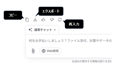 neoAI Chat for desknet'sの入力フォーム上部にある操作アイコンの解説。左から『コピー』『エクスポート』『再入力(リトライ)』の各ボタンを示す吹き出しが付いている