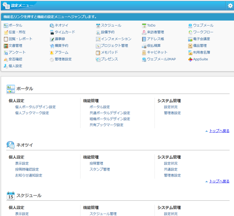 グループウェア「desknet's NEO」の管理者設定メニュー画面。上部に全機能のアイコンが並び、下部には「ポータル」「ネオツイ」「スケジュール」などの各機能の「個人設定」「機能管理」「システム管理」へのリンク詳細が一覧で表示されている。