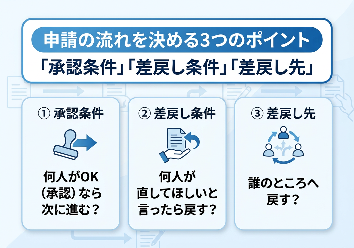 申請の流れを決める3つのポイント｜「承認条件」「差戻し条件」「差戻し先」