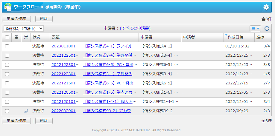 移行当初は各部署への提案という形で利用度の高い申請書の[ワークフロー]化を進め実用化