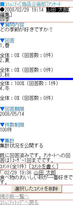 アンケート詳細、コメント一覧画面